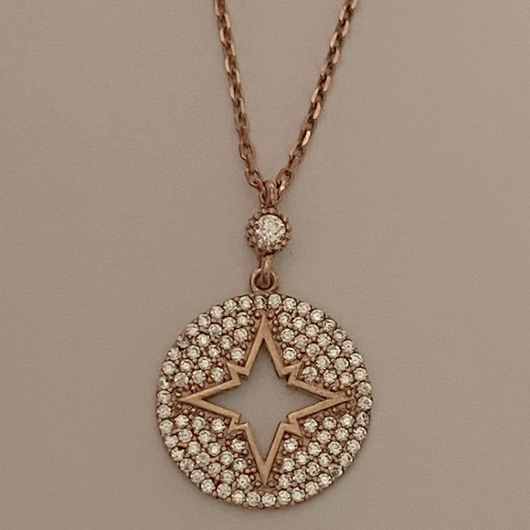 925 Silver necklace compass star cz stones 14k rose gold plated
